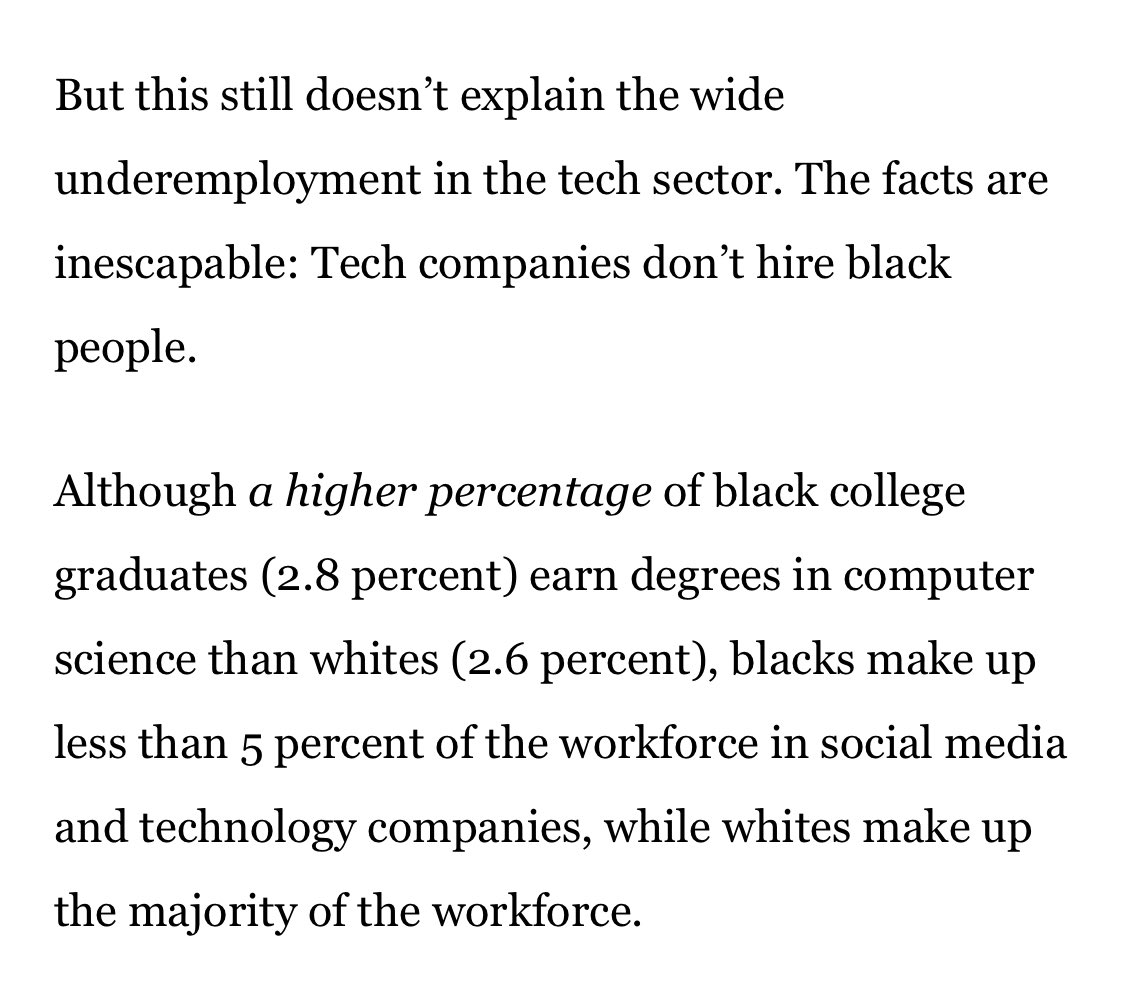 According to the National Center for Education Statistics a HIGHER PERCENTAGE of black grads earn degrees in computer and data science than white grads.The tech companies just don’t hire us