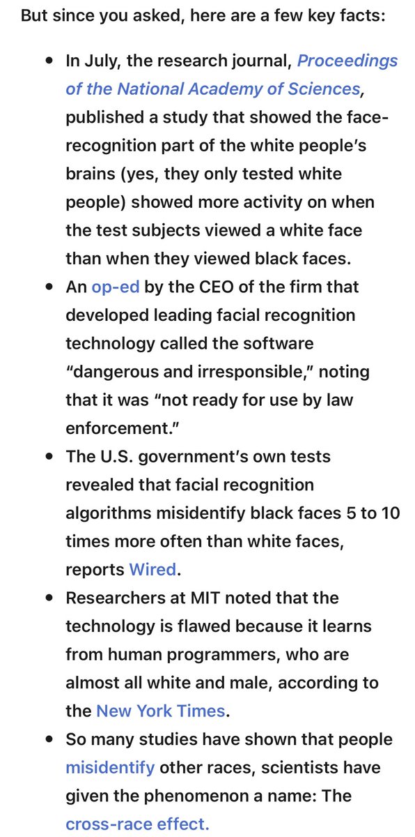 Another way this manifests is in policing.Remember when  @RepRashida said cops were racist for facial recognition technology (at least she said it to their faces) and everyone accused her of playing the “race card?”Except: