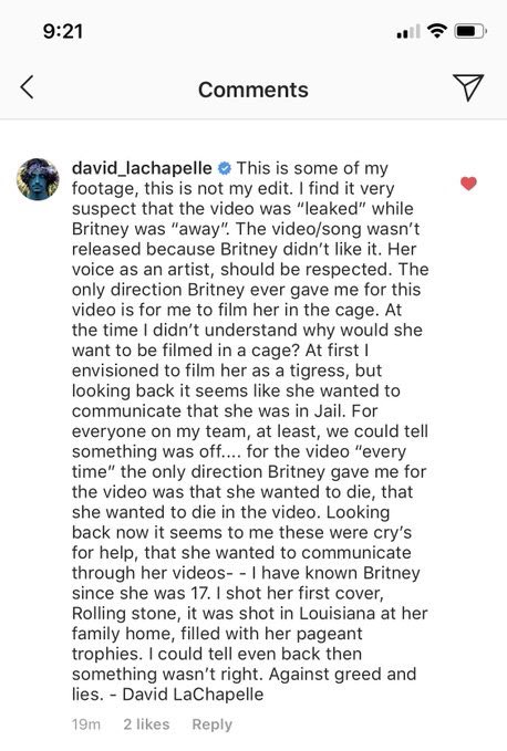 The director for the music video, David LaChapelle, spoke out saying it was "suspect" that it leaked when it did, and that the only direction Britney gave him was to "film her in a cage."  #FreeBritney