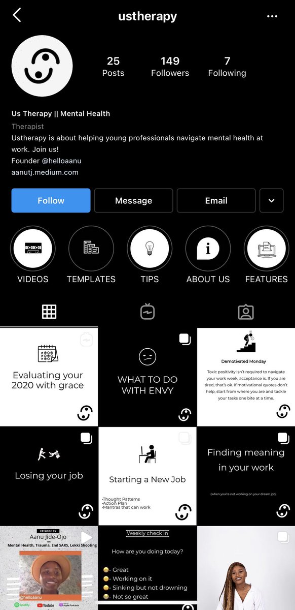 There is @/ustherapy on Instagram.She specializes in helping young professionals navigate their mental health at work. Sooo needed!Rates are N25,000.00 per session/hour.She offers virtual therapy sessions (CBT and ACT)