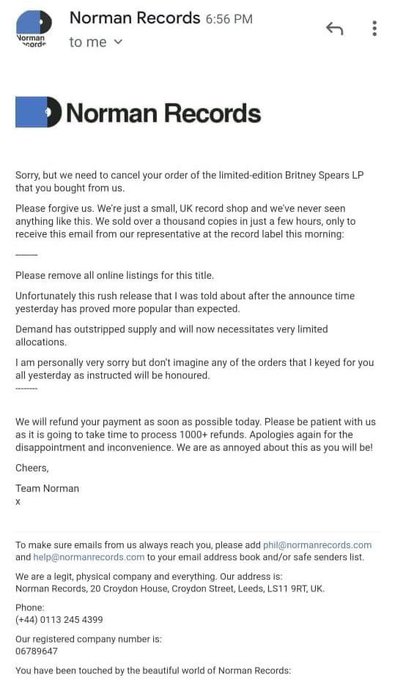 Then we get word that Glory (Deluxe) was being released on vinyl with two new songs. The announcement was a shit show because independent record stores had to refund thousands of people, and Britney's team completely screwed them over by putting it on Amazon.  #FreeBritney