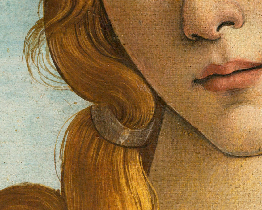  #Botticelli was one of the last great practitioners of the more archaic technique of (egg-based) tempera on wooden board. Because tempera dries quickly, the artist paints tiny brushstrokes close together, rather than blending. This characteristic is visible in all Botticellis8/