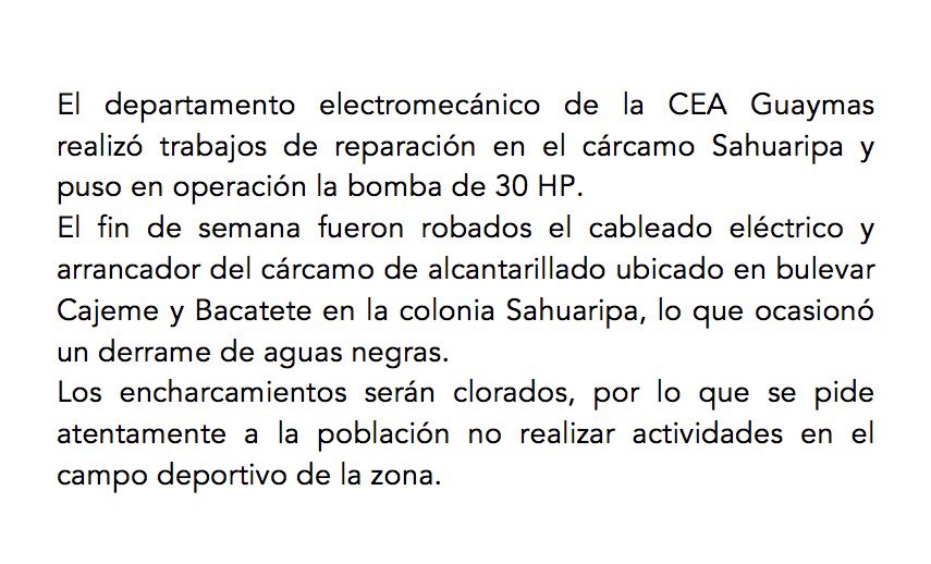 CEAGuaymas's tweet photo. Aviso CEA: https://t.co/C728RoEK93