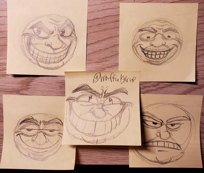 Just some random cartoony faces on sticky notes lmfao

Enjoy 