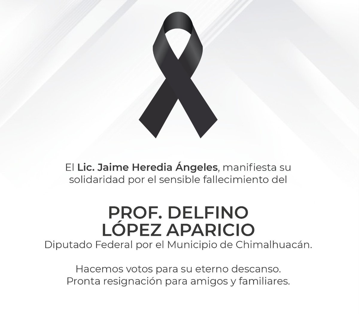 Lamento el sensible fallecimiento del Profesor Delfino López Aparicio, diputado federal por el municipio de Chimalhuacán, y deseo pronta resignación para familiares y amigos.