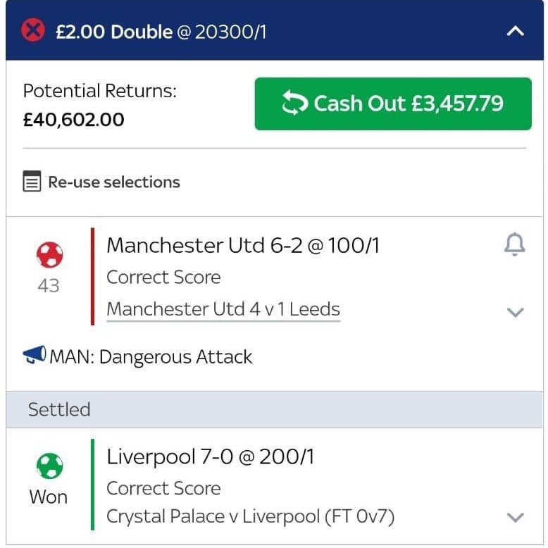 Just seen this bet where one crazy person predicted the correct score for Manchester United vs Leeds and Crystal Palace vs Liverpool!

Heard he also cashed out for two grand - gutted for him if true!

#MUFC #LFC