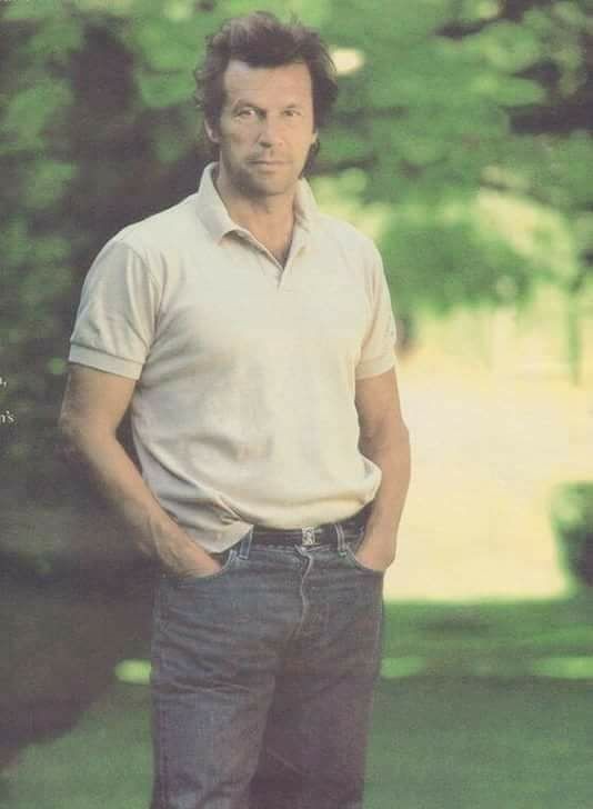 Caption. "Imran who has never been brought to his knees by his opponents.."