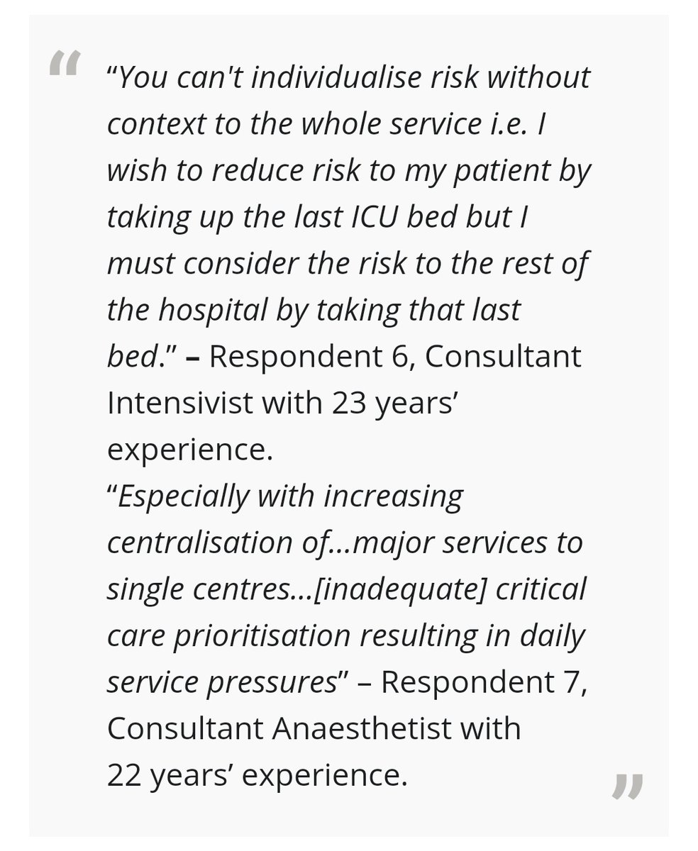 Five core themes were found in the qualitative analysis of free‐text responses to the question of whether respondents felt there was enough critical care capacity at their institution: lack of capacity; variability; cancellations; hospital beds; and service‐wide factors. 6/n