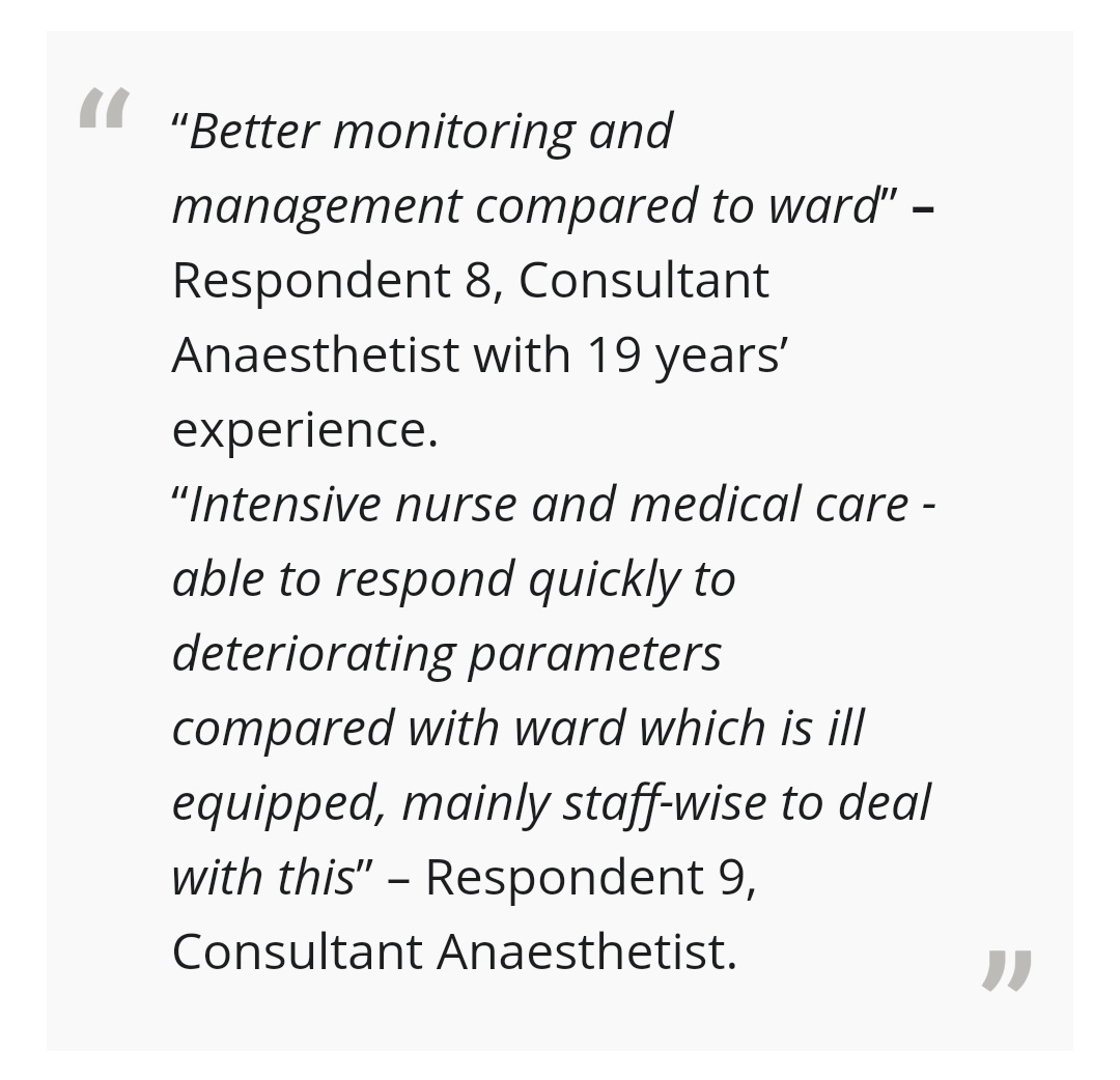 Respondents generally thought critical care was beneficial due to higher levels of observation and quicker interventions. Themes derived were advantages, staff, timings, patients, evidence and limitations. 7/n