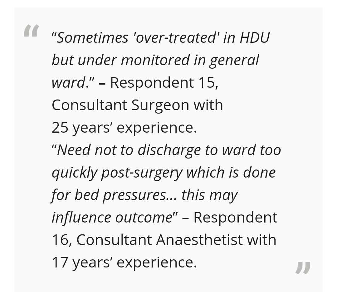 Staffing was another key theme, with participants stating a higher nurse to patient ratio in critical care, leading to better outcomes. This was further supported by comments on ward‐based care being frequently understaffed. 9/n