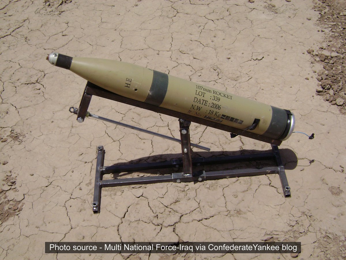 Quoting  @AuroraIntel-Reportedly from tonight's launchers found near Camp Rashid (possibly SW area of Baghdad)-6 x 107mm rockets per each launcher; 2 launchers seen(File images included of 107mm Katyusha rockets for those interested.)