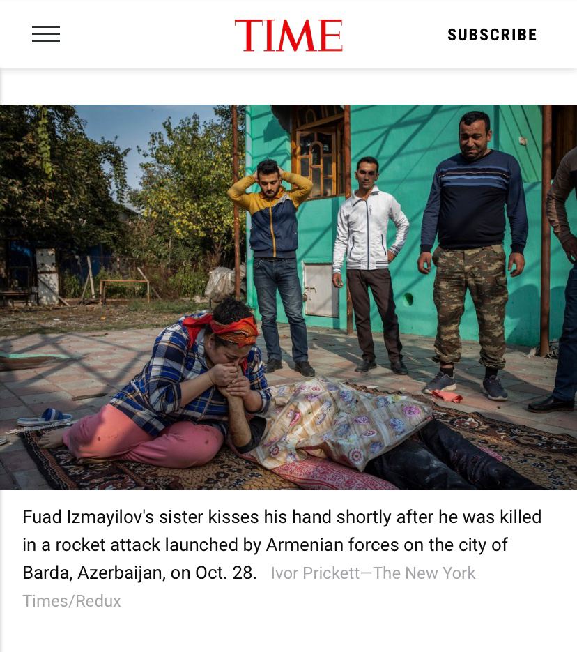 The world-known “TIME” magazine publishes photo of an #Azerbaijan’i victim who lost his life as a result of #Armenia’n barbaric attack on #Barda city.Azerbaijan experienced the same #WarCrimes committed by #Armenia in #GanjaCity as well
#ArmeniaKillsCivilians
#DontBelieveArmenia