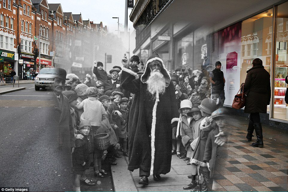Father Christmas is greeted by dozens of excited children outside Arding & Hobbs in 1926.Photographer Peter Macdiarmid has digitally merged the original photo with a modern one to helpfully show where Santa was: https://www.nbcnews.com/slideshow/amp/photos-merge-londons-ghosts-christmas-past-56677124