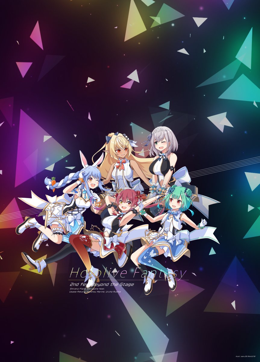 houshou marine ,shiranui flare ,shirogane noel ,uruha rushia ,usada pekora multiple girls official alternate costume blue hair hololive idol uniform blonde hair animal ears food-themed hair ornament  illustration images