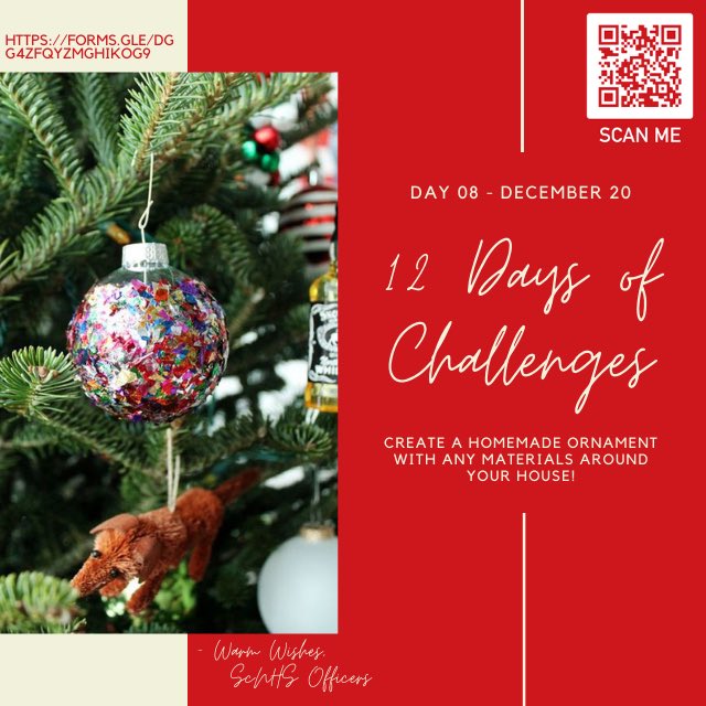 Day 8 of 12 Days: 
Create a homemade ornament and then submit a picture to the QR code! 🎄🌟
