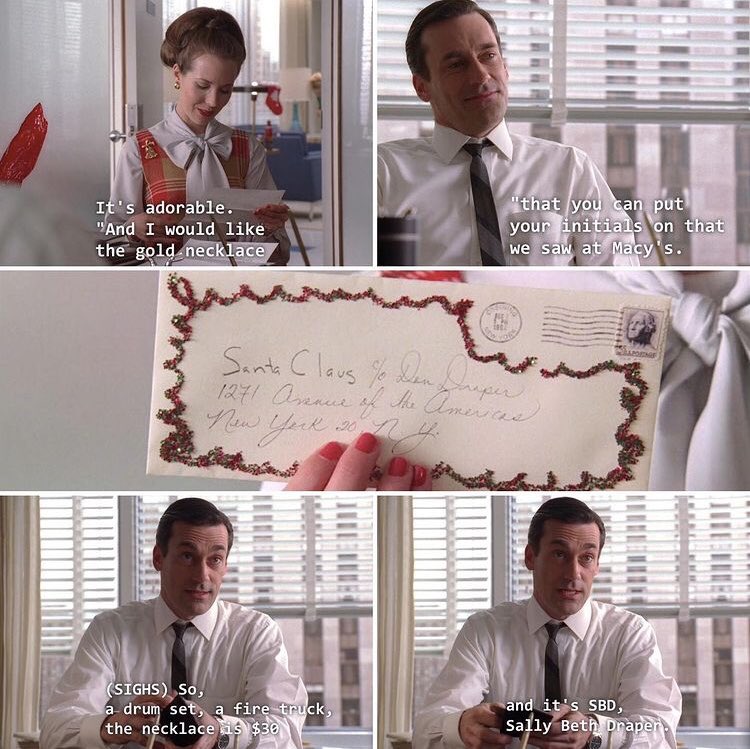 MadMenQts's tweet photo. Here’s hoping you give (or receive!) a gift as beloved as Sally Draper’s initial necklace from her Dad (Christmas, 1964). https://t.co/pnEcsBvLZD