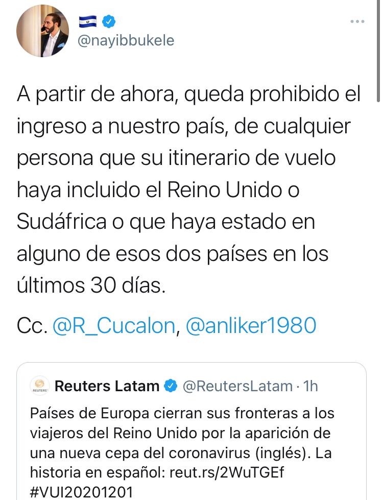 stereo100xela's tweet photo. #ÚltimaHora 🚨 | Presidente de El Salvador, @nayibbukele, prohíbe ingreso a pasajeros provenientes de Reino Unido y Sudáfrica, debido a nueva cepa de #COVID19. https://t.co/grNgeIA9oN