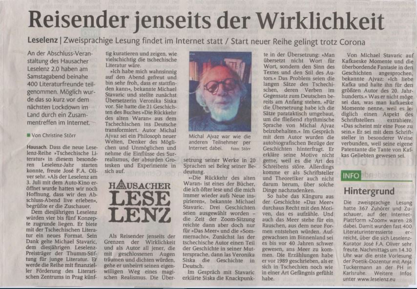 versiska's tweet photo. "Start neuer Reihe gelingt trotz Corona". Auch der Schwarzwälder Bote war bei unserer LeseLenz 2.0 Lesung mit Michal Ajvaz und Michael Stavaric dabei! #czechliterature #translation https://t.co/04AcexmZHp