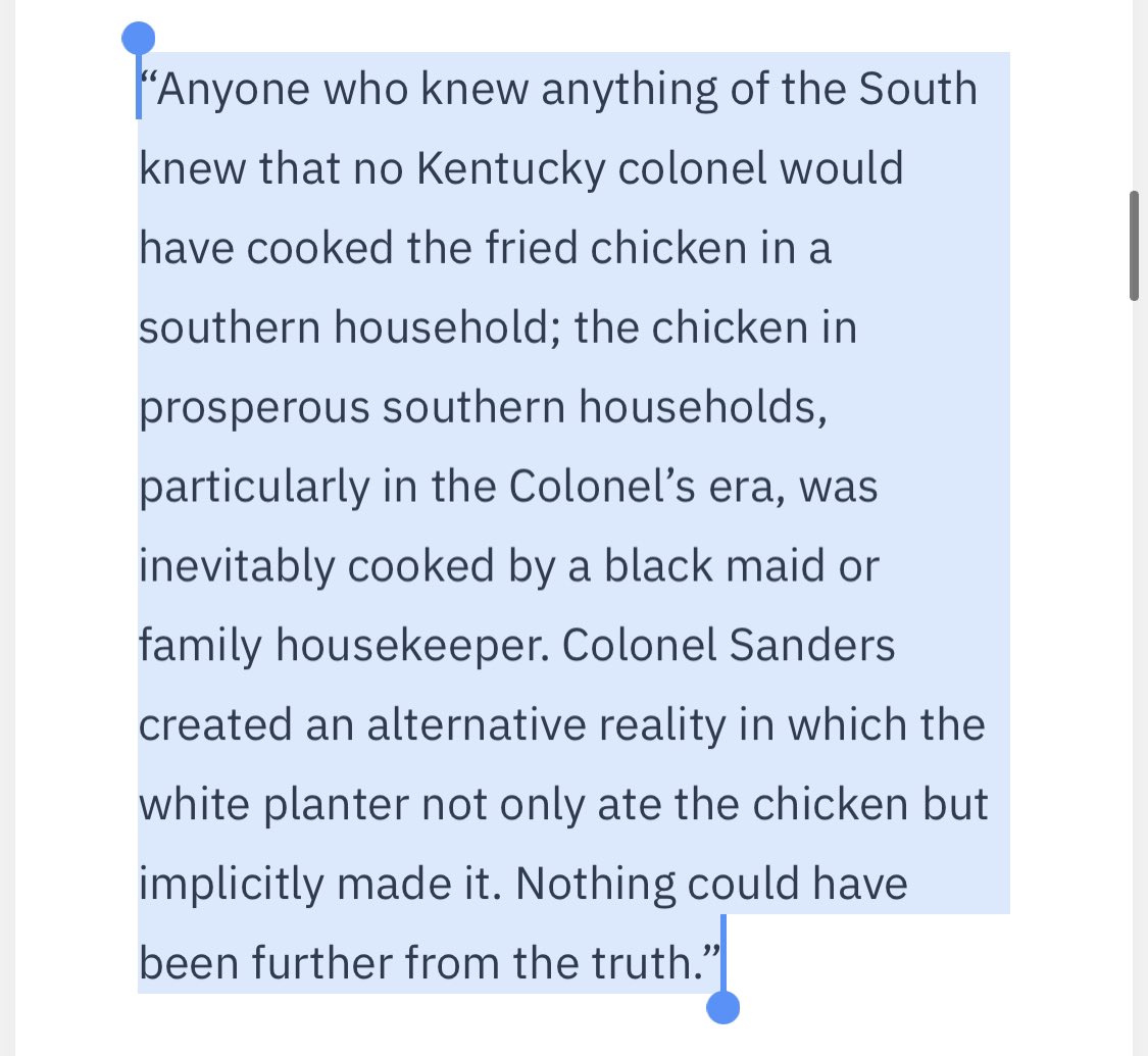 Now there’s a lot of speculation that has been slightly debunked about the recipe, it’s origins and how a black woman may have created it but I find this passage from his 2003 biography to sum it up perfectly: