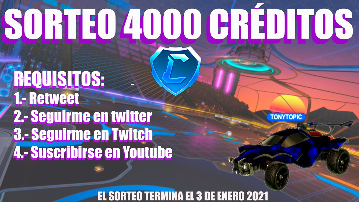 tonytpcx's tweet photo. SORTEO 4000 CRÉDITOS ROCKET LEAGUE
Para acceder click en el enlace:
https://t.co/chxUtvXOxi

REQUISITOS:
-RT este tweet
-Seguirme en Twitter (@tonytopicx)
-Y en Twitch (https://t.co/y8IBfaoiYM)
-Suscribirse a mi Youtube (Tonytopicx)

Los ganadores se anuncian el 3/01/21. SUERTE! https://t.co/as2okcSv13