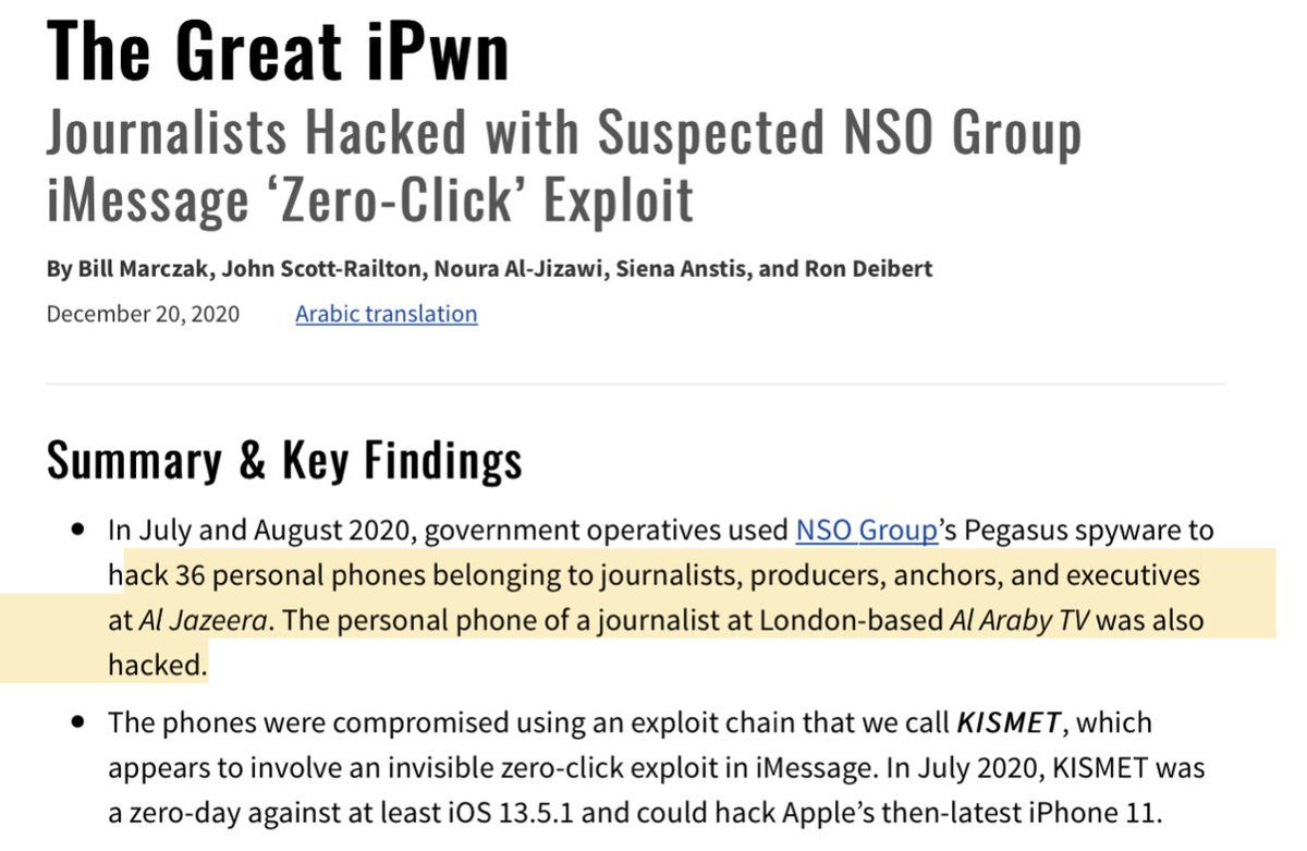 MAJOR REPORT: zero-click  #0day in  #iMessage used to infect 36 ppl  @Aljazeera w/ NSO spyware. We attribute to UAE & Saudi Arabia w/medium confidence. THREAD  https://citizenlab.ca/2020/12/the-great-ipwn-journalists-hacked-with-suspected-nso-group-imessage-zero-click-exploit/