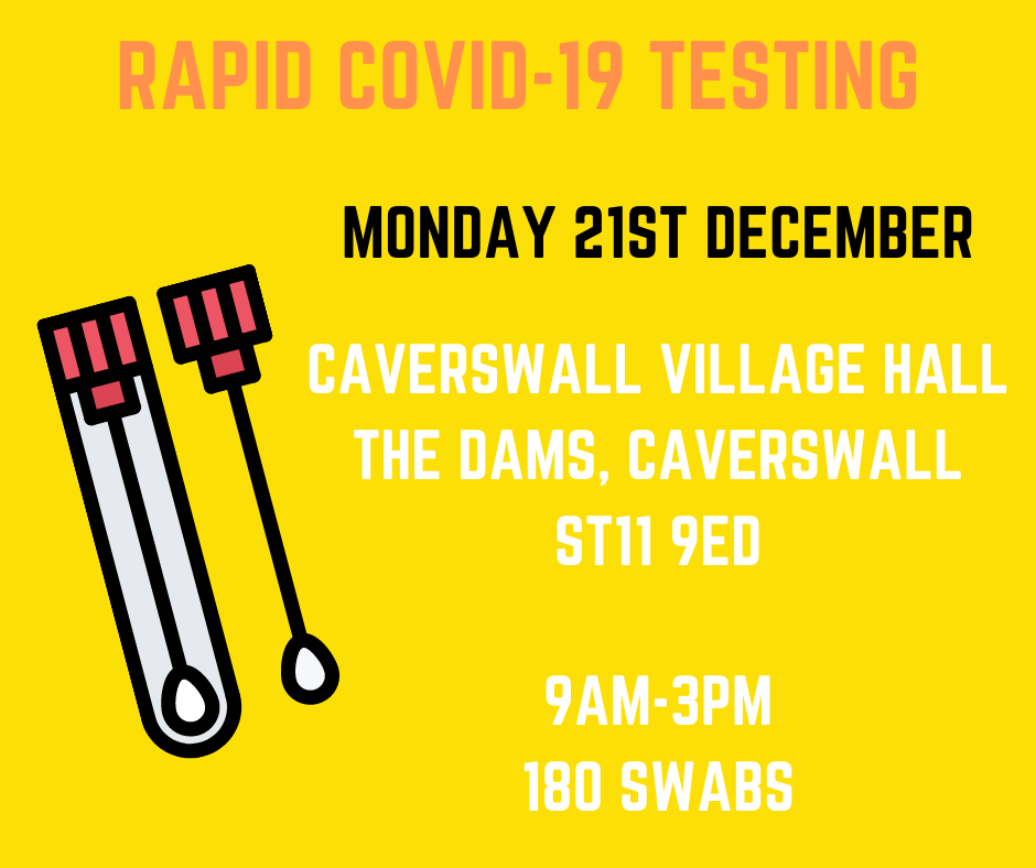 StaffordshireCC's tweet photo. Rapid Covid-19 tests will be available in Staffordshire Moorlands
on Monday 21st December.
Caverswall Village Hall, The Dams, Caverswall - ST11 9ED
9AM – 3PM
180 places are available, but must be booked in advance here: https://t.co/e0WlGdhJDT
#Staffordshire #caverswall https://t.co/qHal2k5W7p