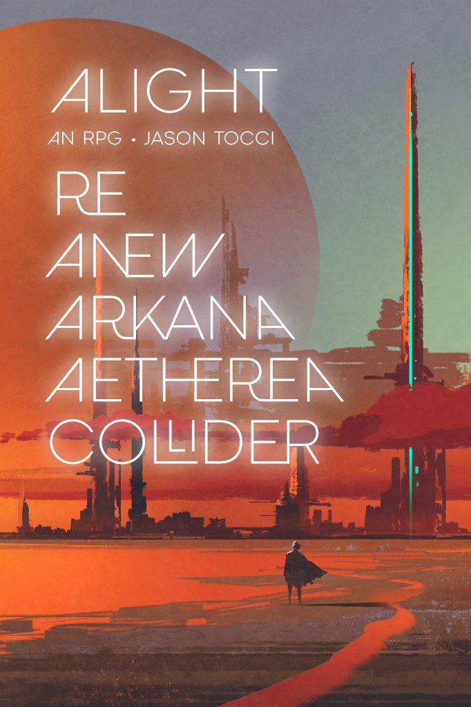 pretendogames's tweet photo. Trying to finish a draft of my far-future science-fantasy game ALIGHT for #lastRPGjam, but wondering whether the title might be uncomfortably close to the new Destiny-inspired game on the scene. Playing with alternate titles and a new typeface. https://t.co/t441MTnKyF
