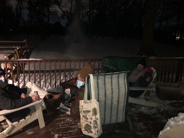 Old swimmers &amp; friends visiting on winter break 122020 respecting C19. 20 degrees, masked fire, outside. <a href="/NJGov/">New Jersey</a> <a href="/johnsb01/">Brent Johnson</a>  <a href="/Mulshine/">Paul Mulshine (pronouns: I, me, mine)</a> <a href="/FirstLadyNJ/">Tammy Murphy</a> @MatthewSprang <a href="/NJDeptofHealth/">NJDOH</a> #swim <a href="/GPACSwimming/">GPAC Swimming</a> <a href="/SwimmingWorld/">Swimming World</a> @MatthewSprang