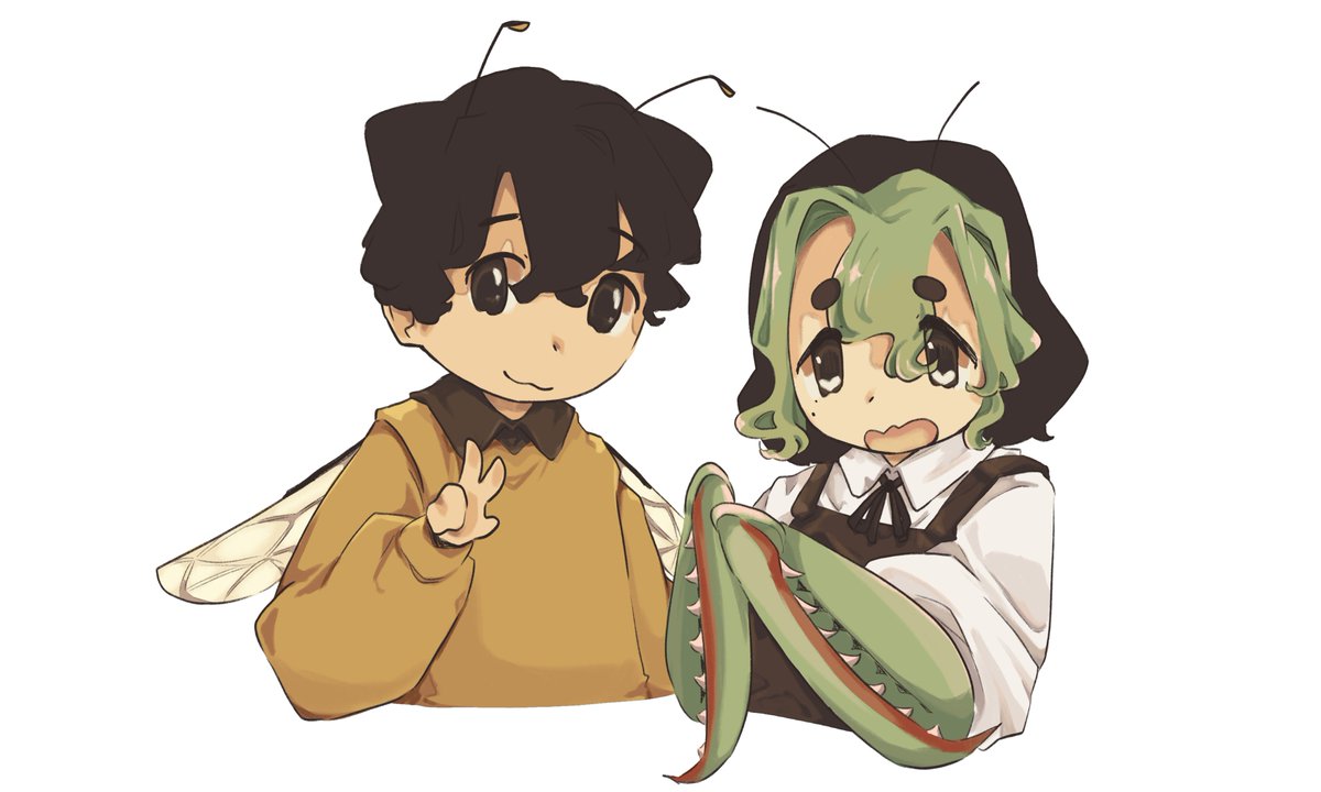 LambMaid's tweet photo. Yellow jacket wasp &amp; Praying mantis 🐝 #gijinka I love insect. . . I love insect characters . . . ..  pls I want a spider girle to hug me https://t.co/dClK8GFqXZ