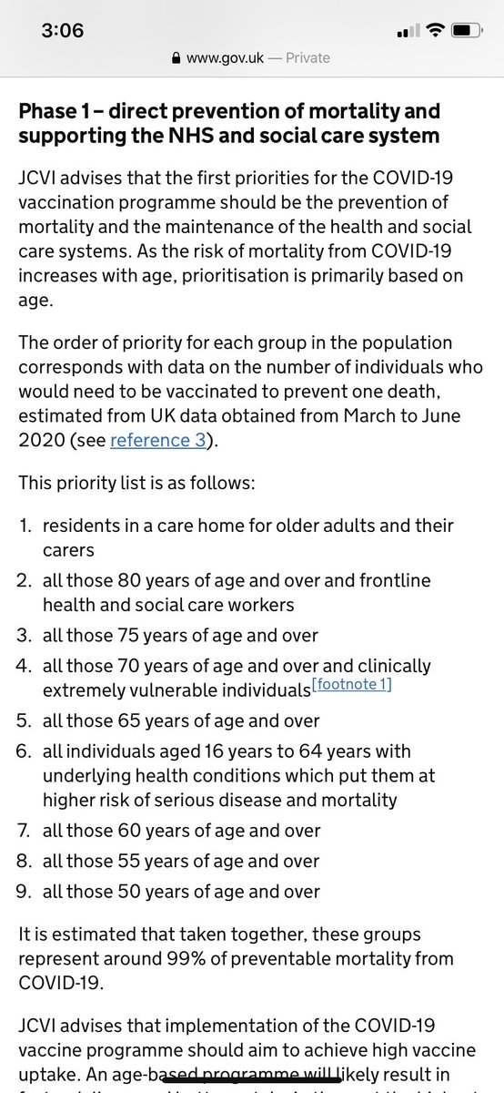For point of comparison, here’s the NHS’ approach for Phase 1, groups they they estimate together account for 99% of preventable mortality from COVID:  https://www.gov.uk/government/publications/priority-groups-for-coronavirus-covid-19-vaccination-advice-from-the-jcvi-2-december-2020/priority-groups-for-coronavirus-covid-19-vaccination-advice-from-the-jcvi-2-december-2020