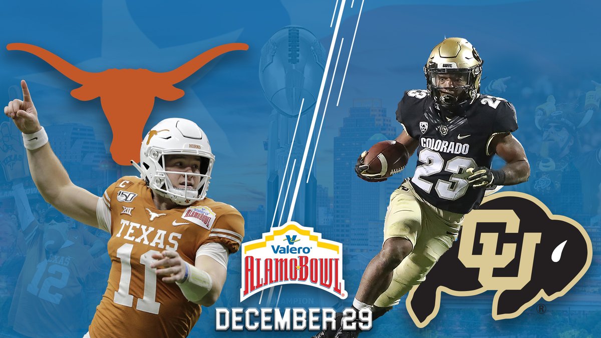 valeroalamobowl's tweet photo. 🚨  Our matchup is set! 🚨 

@TexasFootball will take on @CUBuffsFootball on December 29th in the Alamodome! 8 p.m. CST on ESPN. 

#HookEm | #CUlture | https://t.co/y7Y0tD0O5x https://t.co/zeNTWFPrvw