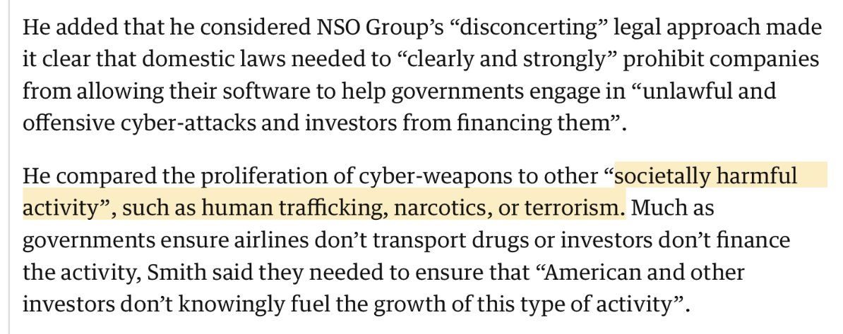 (8) ..ANALYSIS:  @Microsoft president  @Bradsmi is right. NSO is “societally harmful” and must be addressed like other such activity, like “human trafficking, nacotics, or terrorism”.  https://blogs.microsoft.com/on-the-issues/2020/12/17/cyberattacks-cybersecurity-solarwinds-fireeye/