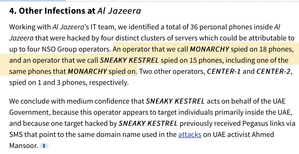 (5) ATTRIBUTION Multiple NSO customers were simultaneously hacking inside  @aljazeera. We  @citizenlab attribute the largest clusters of infections to the UAE & Saudi Arabia w/ medium confidence.