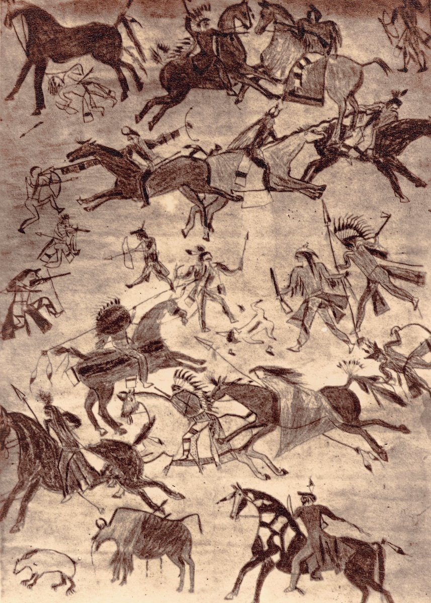 This is one of my favorite works of art. The artist was a Ponca named Standing Buffalo. He drew a battle. I love it because he fought in it in 1869 with 2 of my ancestors and what we see is his experience seen through his eyes, preserved forever by his hand—like a photo. So cool!