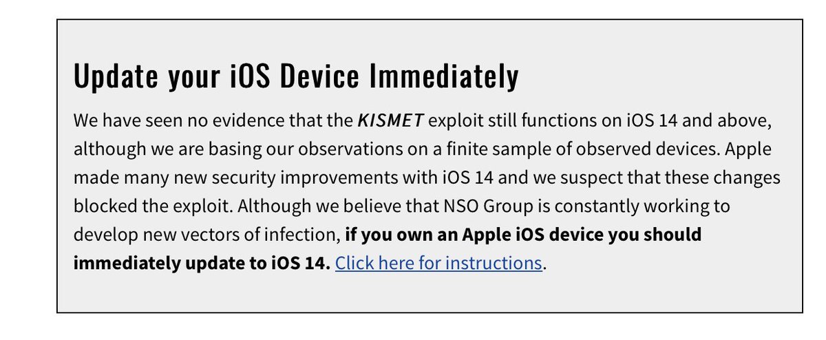 (9) ANALYSIS: The existence of a zero-click 0day on iMessage meant many, many more people likely victimized before iOS 14 roll out. Findings shared w/ @apple which is investigating. Again, please update right now.