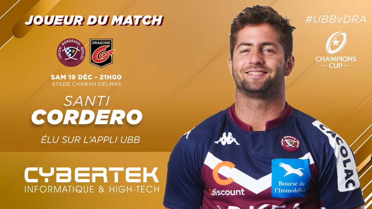 UBBrugby's tweet photo. Vous avez élu @santicordero15 joueur du match #UBBvDRA sur l'appli mobile @UBBrugby ! - avec @cybertek_fr #iloveubb #championscup https://t.co/xIc2WmonvA