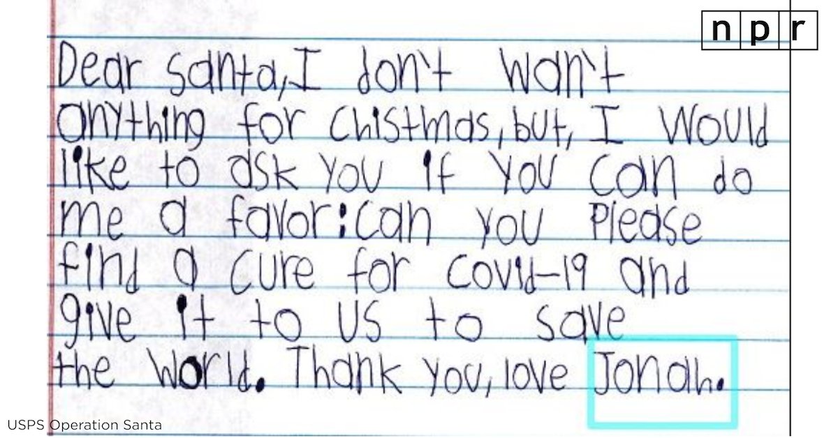 Every year, USPS makes children's letters to Santa available for anyone to "adopt" to help make their holiday wishes come true.

This year's letters offer a glimpse at the psyche of kids toughing it out through a crisis unlike anything they've experienced. trib.al/4imuats
