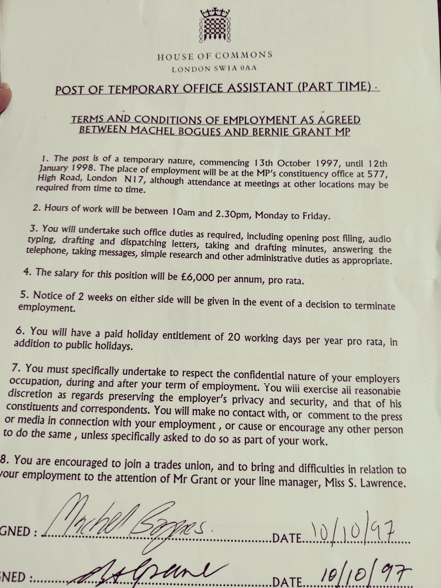 MachelB1's tweet photo. Going through some old papers and found this. Office assistant evolved into some great adventures including arranging a last minute heads of state meeting!! Never forget the start given to me by late great Bernie Grant MP. #blackbritishhero https://t.co/xL0etK1gWz