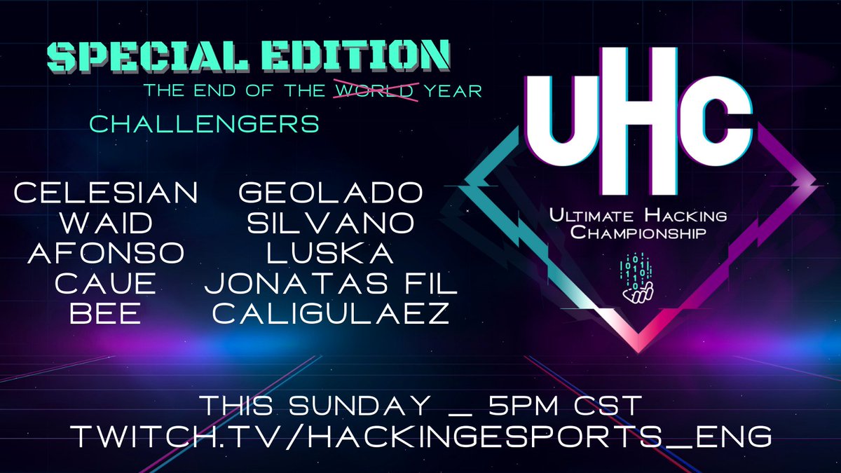 TONIGHT! Come watch our last 2020 edition of the Ultimate Hacking Championship #CTF live on twitch.tv/hackingesports… - we bring #hacking and #esports together. Not only we'll have legendary hacker guests narrating but the top 10 champions of the year will compete on the arena!