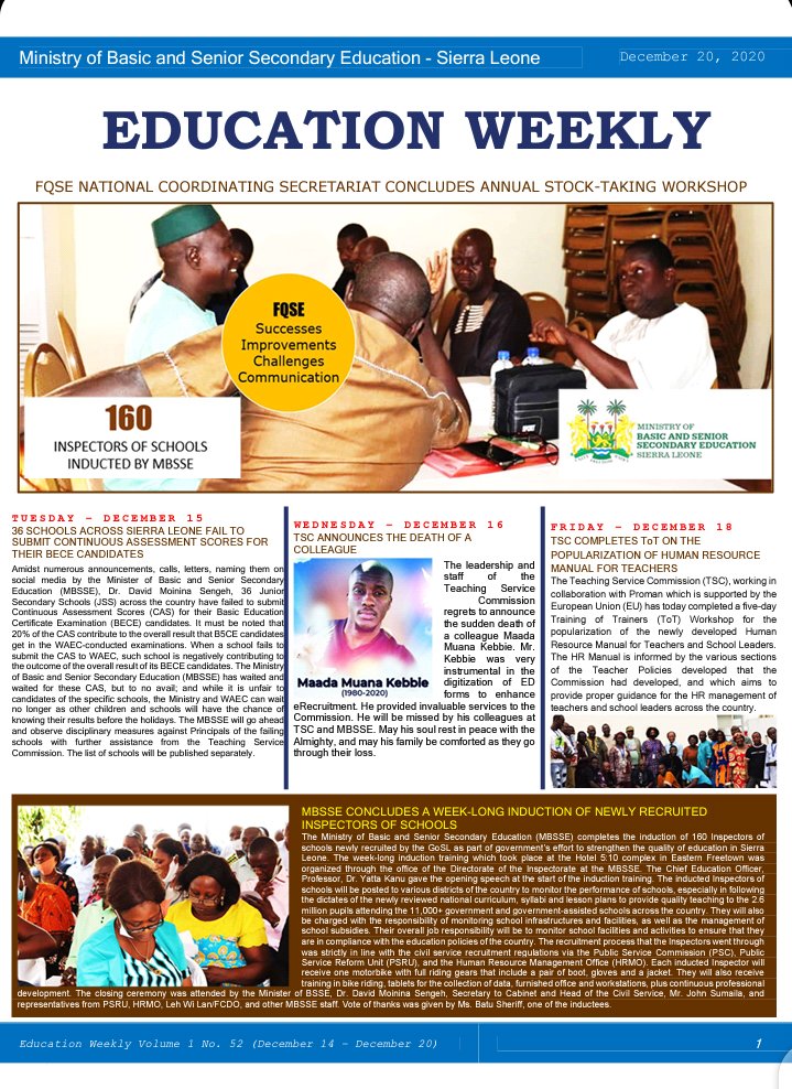MOBSSE_SL's tweet photo. MBSSE Education Weekly for the Week of December 14-20, 2020 featuring the FQSE Stock-Taking workshop, Induction of 160 Inspectors of School, Home Economics Unit forum on why candidates performed poorly in WAEC Exams, plus more. https://t.co/5PFO548jiE