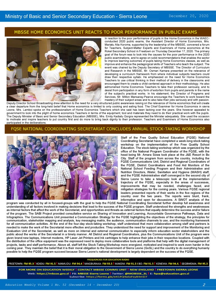 MBSSE Education Weekly for the Week of December 14-20, 2020 featuring the FQSE Stock-Taking workshop, Induction of 160 Inspectors of School, Home Economics Unit forum on why candidates performed poorly in WAEC Exams, plus more.