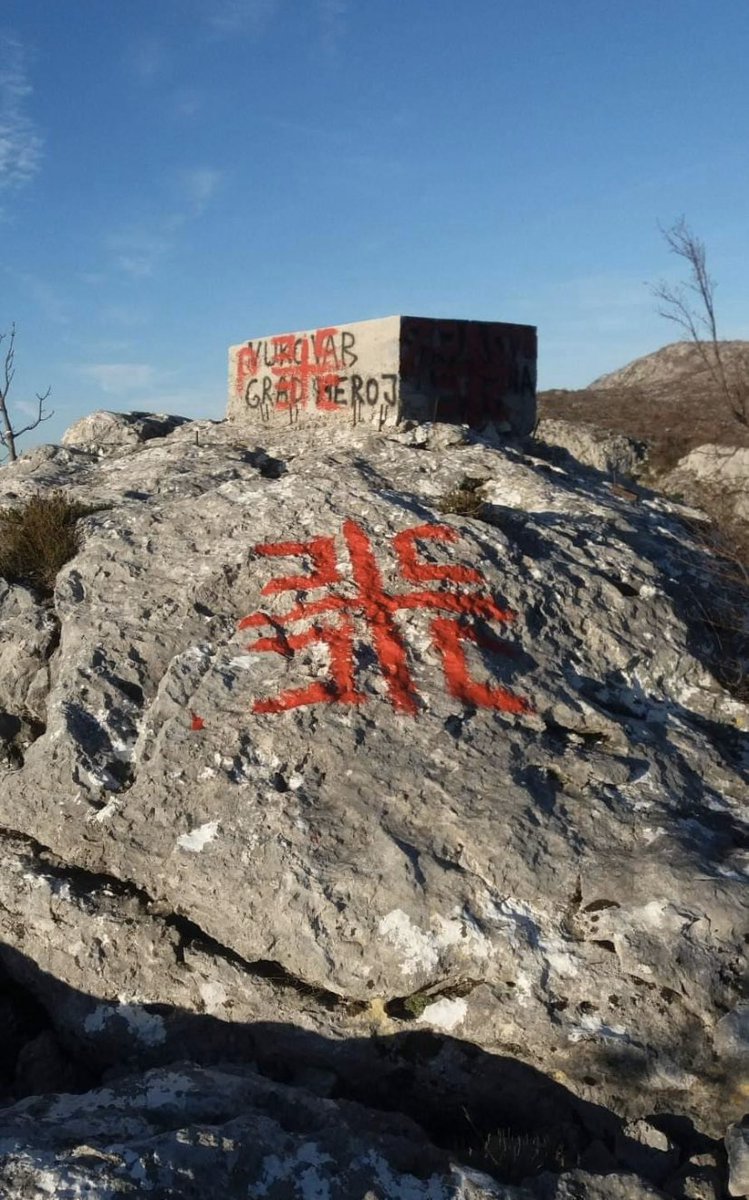 croatiaheritage's tweet photo. Vile #Serb #Chetnik #graffiti seen above #Dubrovnik #Croatia at Golubov Kamen. Notice how they scrawled over the tribute to #Vukovar the city of #heroes. People forget how close #Dubrovnik is to the #Serbs in eastern #bosnianandherzegovina who hate #Croatia. #PorousBorder #uzas https://t.co/IZjrwRuPpE