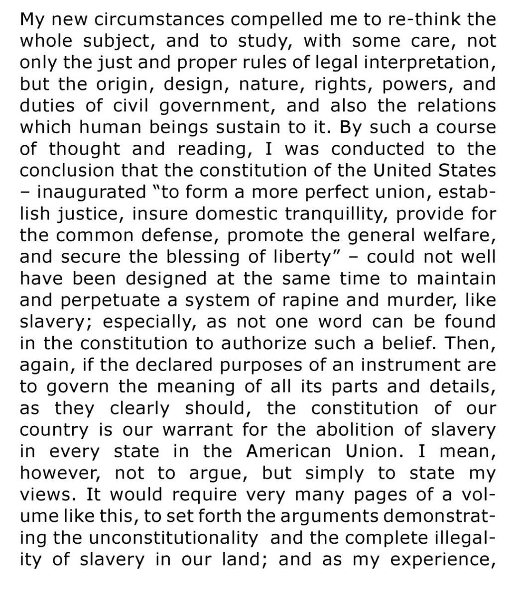 Douglass explained in great detail afterwards that he had been wrong to swallow Garrison’s views about the Constitution being evil. After studying the subject himself he realized he’d been in error. One might wish, and futilely, that she would herself study with some care.