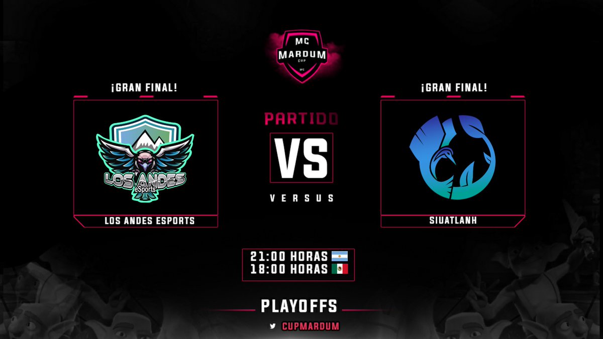 #MC | MATCHDAY
¡Gran Final!

⚔️ <a href="/LosAndesGG/">𝑳𝒐𝒔 𝑨𝒏𝒅𝒆𝒔 𝒆𝑺𝒑𝒐𝒓𝒕𝒔 🇦🇷</a> | <a href="/SiuatlanH/">SiuatlanH Esports</a>
⏰ 21:00 🇦🇷 | 🇲🇽 18:00
📅 20/12/20

🎙️ @zarbond 
📺 m.twitch.tv/zarbonrdc2/pro…