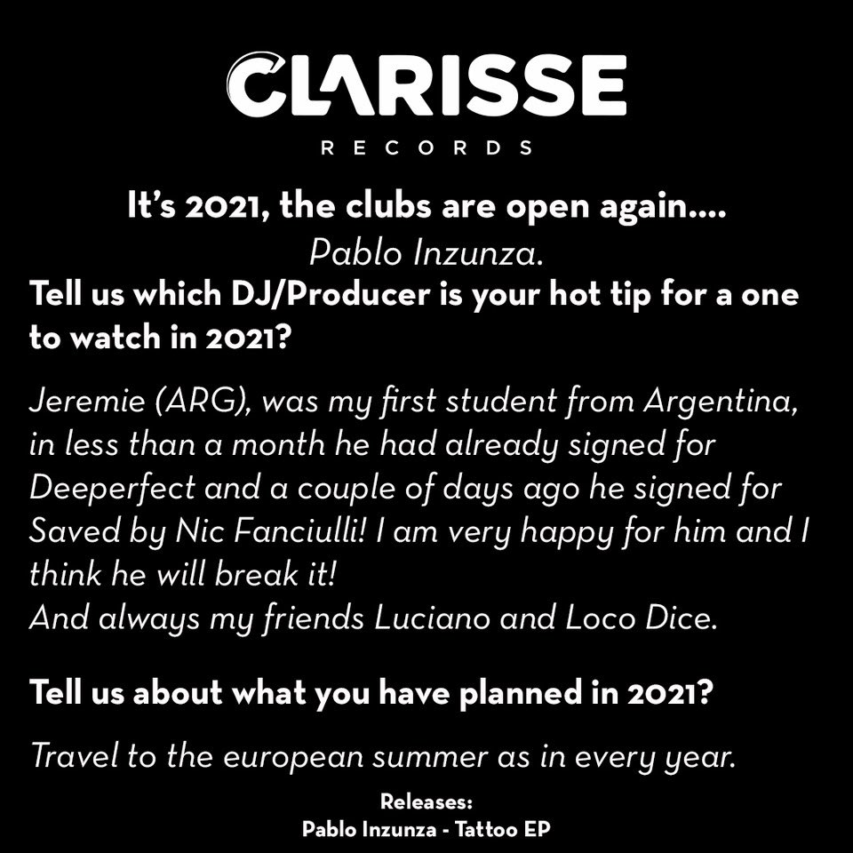 It’s 2021, the clubs are open again....
w/ <a href="/pablo_inzunza/">Pablo Inzunza</a> 
We welcomed <a href="/pabloinzunza00/">Pablo Inzunza</a> on to the label in September with his Tattoo EP.
Read all about what Pablo Inzunza is looking forward to in 2021 🙌🏽 
You can buy &amp; stream all our releases now linktr.ee/ClarisseRecords