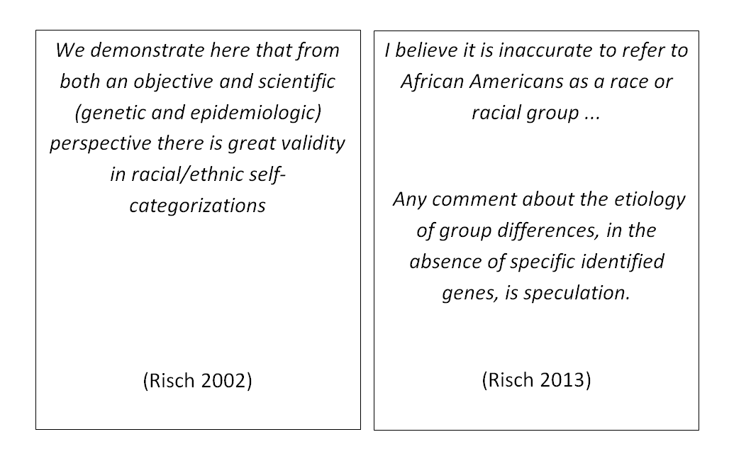 The example given is of Neil Risch.Over a 9 year period he went from saying that racial self-categorizations correlate well with genomic data so race is a scientifically valid construct, to saying that everything is fluffy and speculative and you can believe whatever you prefer
