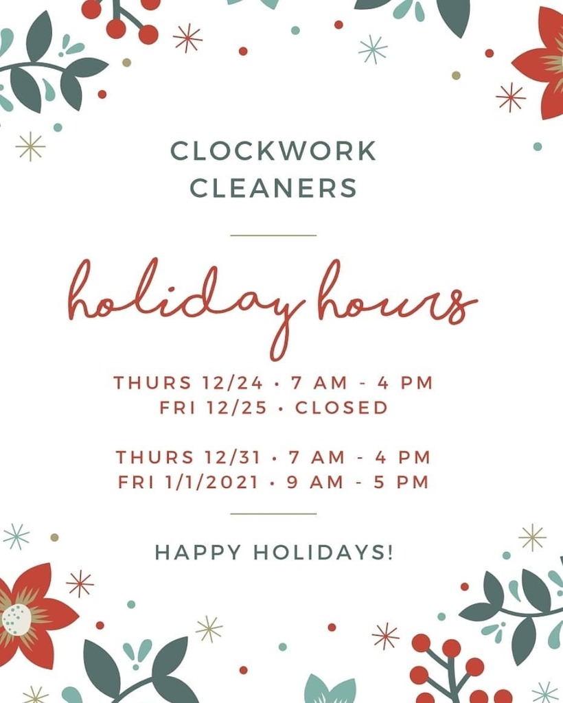 Make sure your garments are cleaned in time for the holidays! Take a look at our #HolidayHours! 🎄
.
.
.
#ClockworkCleaners #drycleaners #cleanclothes #laundry #Orange #OrangeCounty #laundryday #DryCleaning instagr.am/p/CJCOSNlsUdI/