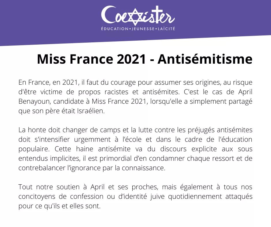 Notre réaction face au torrent de haine antisémite reçu par <a href="/AprilBenayoum/">April BENAYOUM</a> lors de l'éléction Miss France 2021. #StopAntisémitisme