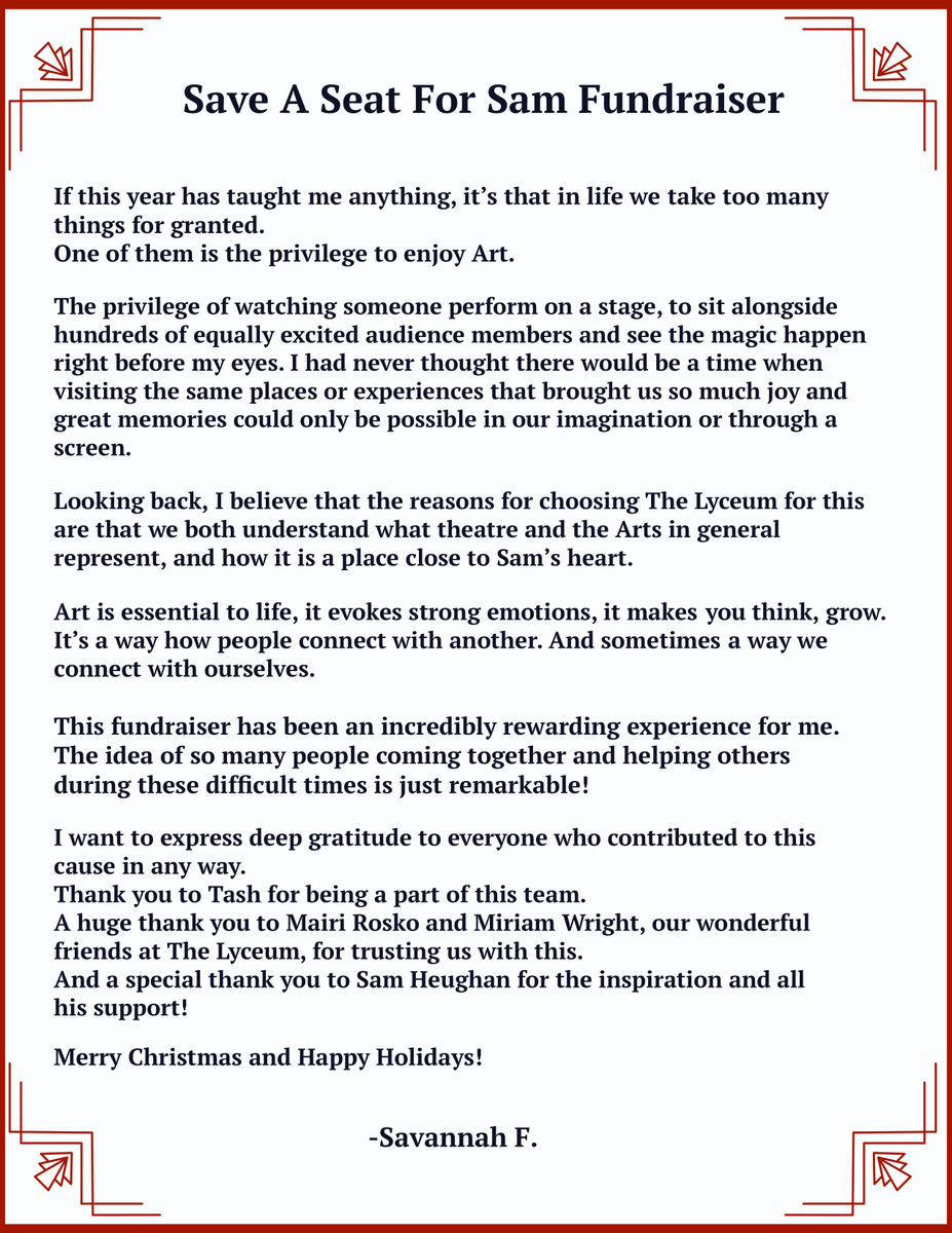 SaveASeatForSam's tweet image. Our heartfelt thanks to you, the @lyceumtheatre and @SamHeughan!
#SaveASeatForSam