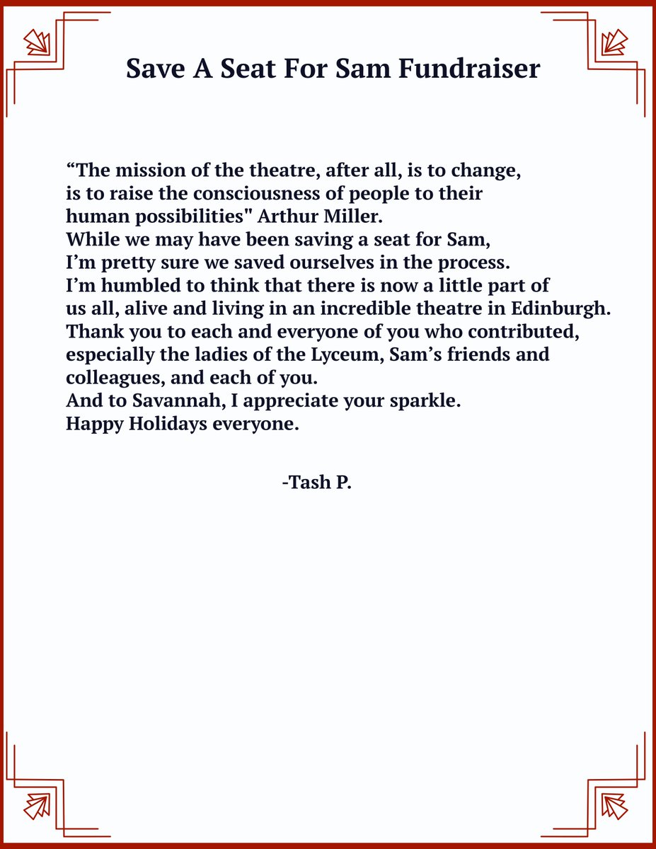 SaveASeatForSam's tweet image. Our heartfelt thanks to you, the @lyceumtheatre and @SamHeughan!
#SaveASeatForSam